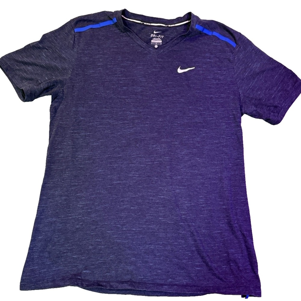 Nike Running Dri-Fit V-Neck Men's T-Shirt Size L Navy with Sliver Swoosh